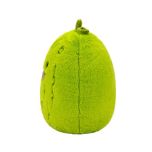 Green fuzzy pickle plush toy, rear view with seam line and stem