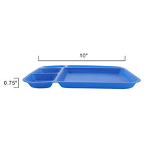 Blue plastic kids divided serving tray, 10 in wide and 0.75 in high