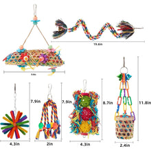 Set of hanging bird chew toys with woven baskets, rope knots, and assorted colored parts.