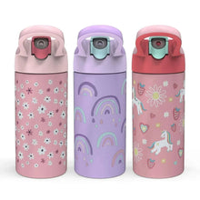 Vacuum insulated water bottle set with flip-top lids; pink floral, lavender rainbow, and coral unicorn