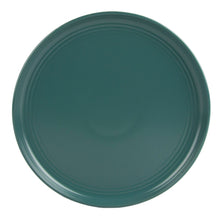 Emerald green round stoneware dinner plate with double-line detail around the edge