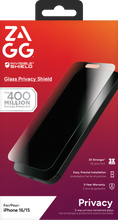 ZAGG InvisibleShield Glass Privacy Shield packaging for iPhone 16/15 with protector image