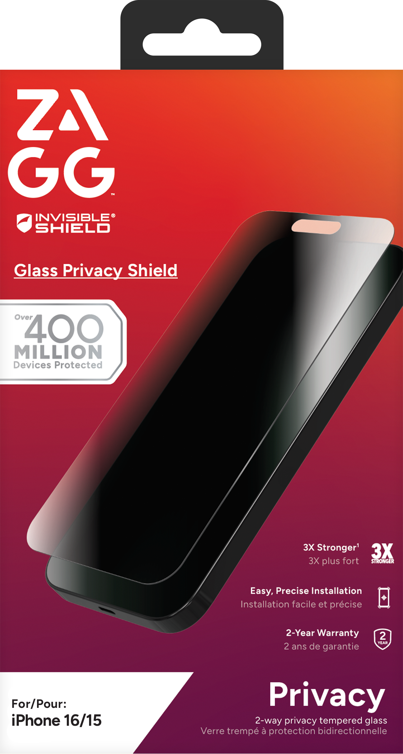 ZAGG InvisibleShield – Apple iPhone 16 & iPhone 15 Glass Shield Privacy Screen Protector, Easy Installation with Precise Install Tray, 3x Stronger Glass, Impact & Scratch Protection