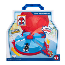 Action launch carry case toy in box, red and blue with rotating launcher and Spidey figures
