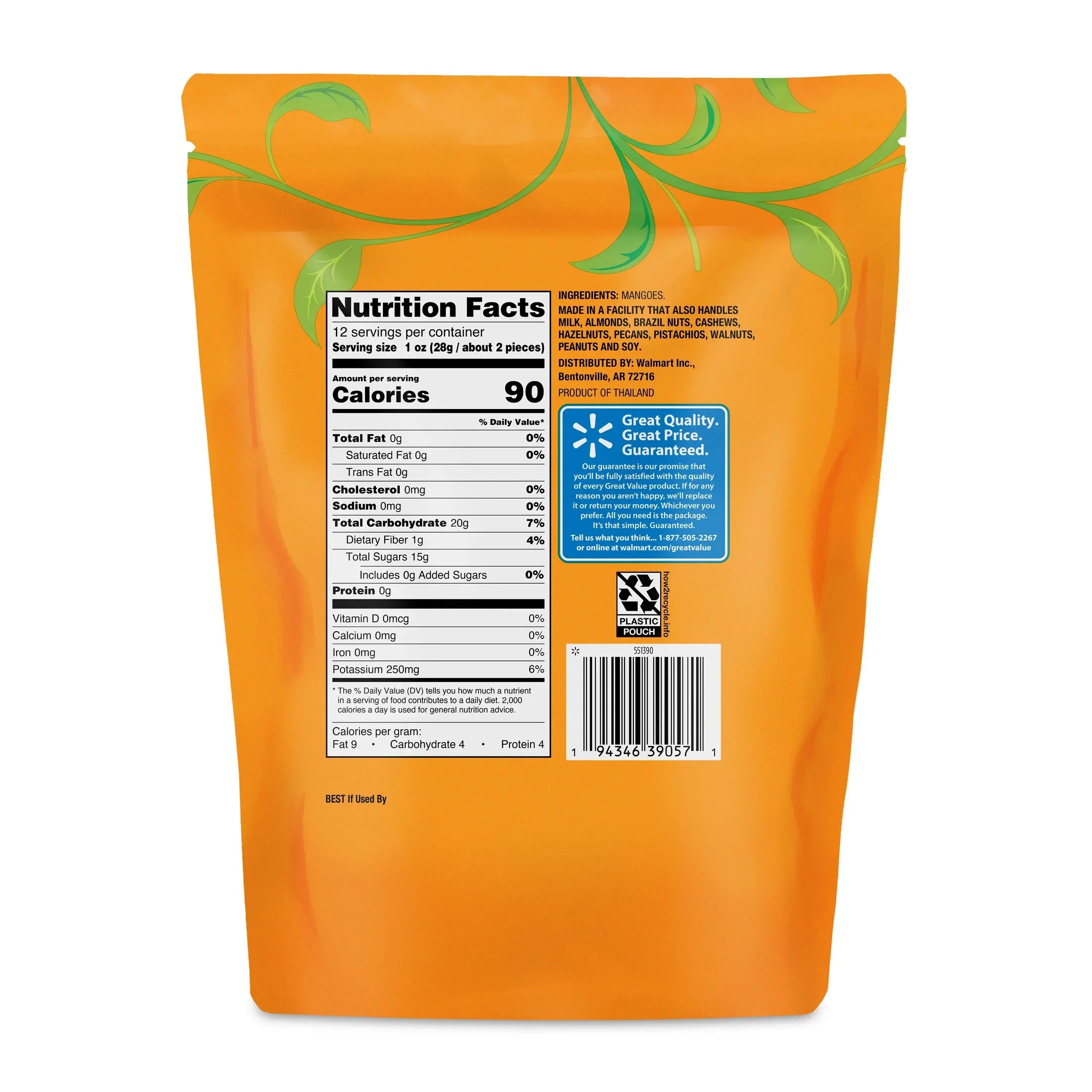 Great Value Unsweetened Dried Mango, 12 oz