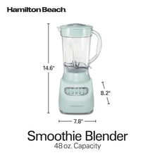 Hamilton Beach mint smoothie blender shown with clear 48 oz jar and size diagram