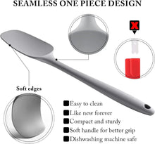 Gray silicone spatula with rounded head, soft edges, and hanging loop hole