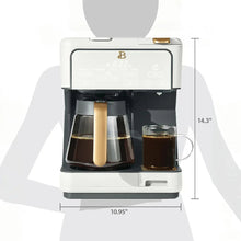 White 12-cup coffee maker with glass carafe and single-serve cup