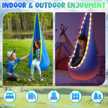 Kids pod swing hammock in blue with glowing LED light strip for swinging