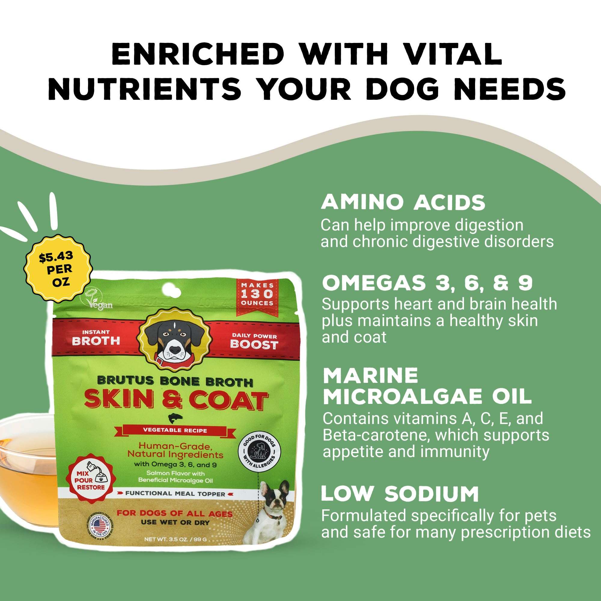Brutus Broth Skin and Coat Meal Topper for Dogs Mega Pack (Salmon) - Pet Food Topper - Vegetable Broth Powder with Omegas 3, 6 & 9 for Skin and Coat Health - Makes Up to 130 fl oz