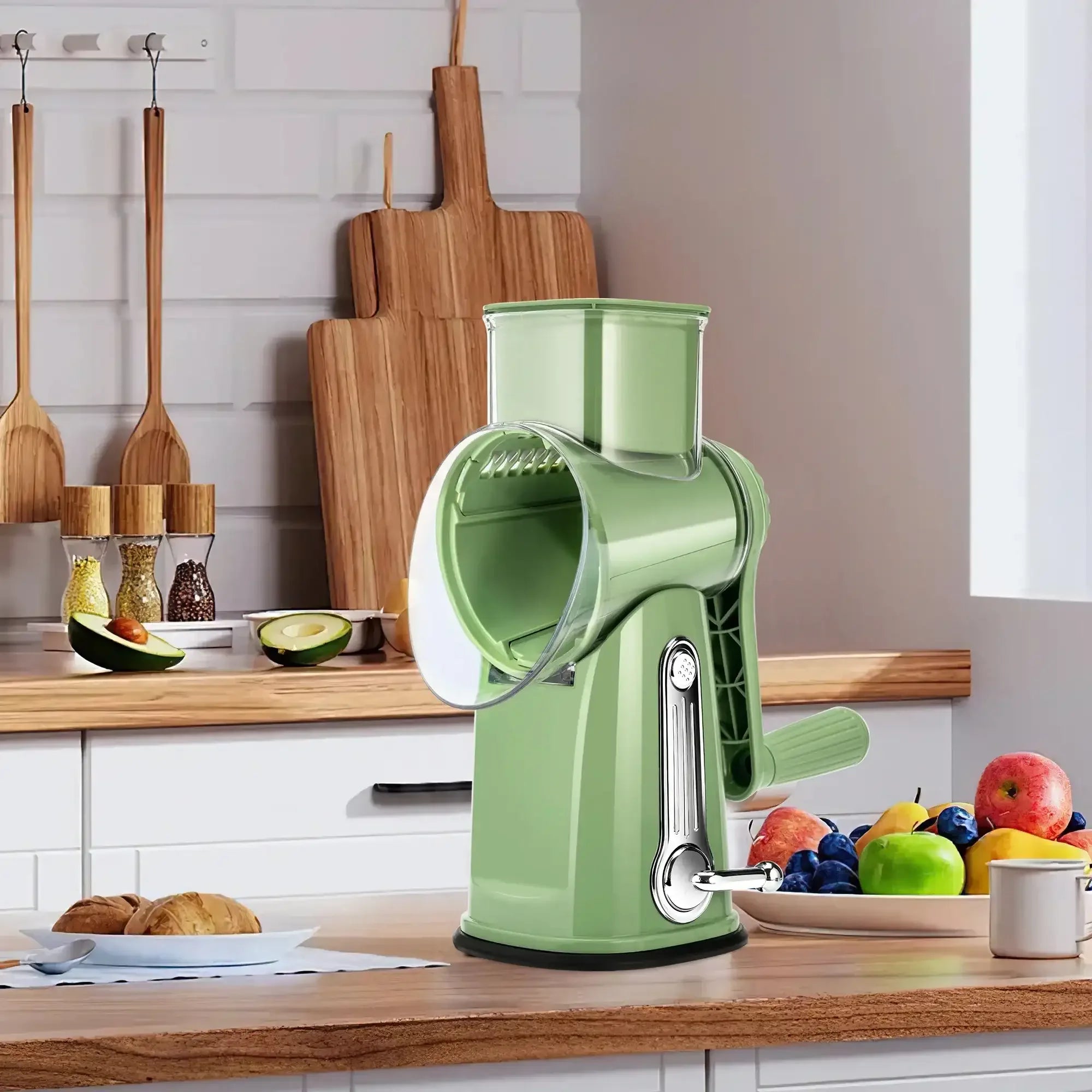 Pukomc Rotary Cheese Grater with Handle- 5 Blades, Suction Base, Mandoline Slicer & Veg Shredder with Blade Storage Box(Green) - USA MEGA SHOP
