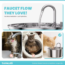 Stainless steel pet water fountain with curved faucet and flat top basin
