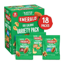 Emerald 18-pack 100 Calorie Variety Pack box with two green snack pouches.