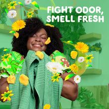 Green liquid laundry detergent bottle with cleaning fragrance theme and flowers