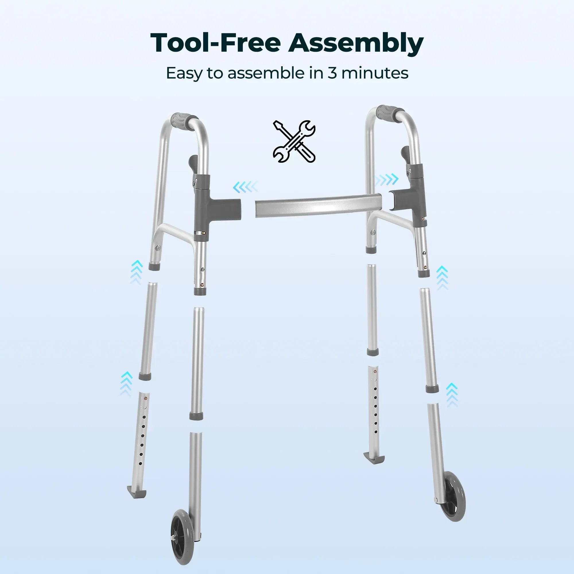 Naipo Compact Folding Walker with Trigger Release and Glide Skis for Seniors Elderly, 5 Inches Front Wheels Support Up to 350lbs, Silver