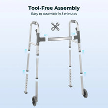 Silver walker frame with crossbar and legs, assembled with front wheels
