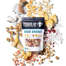 Trail mix pouch with High Energy label surrounded by banana chips and nut pieces