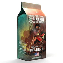 Ground coffee bag: Black Rifle Blackbeard's Delight dark roast, 12 oz, side view