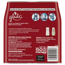 Glade automatic spray refill box back, Warm Apple & Spices with pressure warning panel