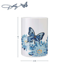 White stoneware crock with blue butterfly and floral design, 4.5 in x 4.5 in x 6 in