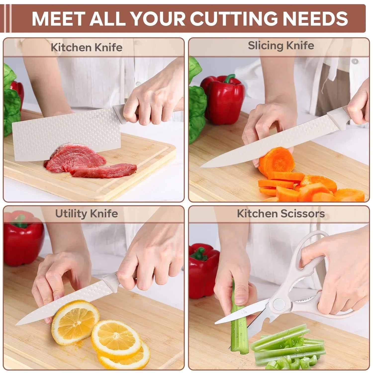Vesteel Kitchen Knife Set of 7, Professional Stainless Steel Knives Set for Kitchen with Universal Knife Block - Khaki - USA MEGA SHOP