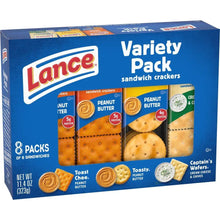 Lance Variety Pack sandwich crackers box showing Peanut Butter and Captain's Wafers & Cheese
