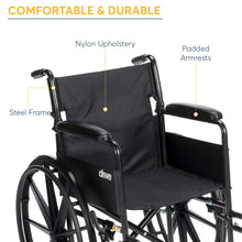 Drive wheelchair with nylon upholstery, padded armrests, steel frame, black