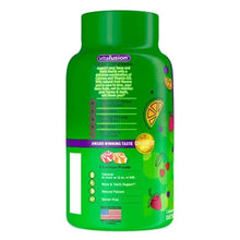 Green calcium + D3 vitamin gummy supplement bottle back with serving details panel.