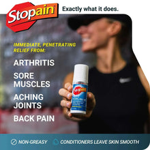 Stopain roll-on pain reliever bottle in hand with white applicator cap