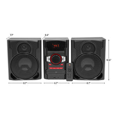 Black stereo speaker system front view with size measurement labels