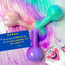 Bath potion bottles with pink and purple foam swirling around bulb-shaped forms.