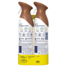 Back label view of two brown Febreze Air Mist aerosol bottles