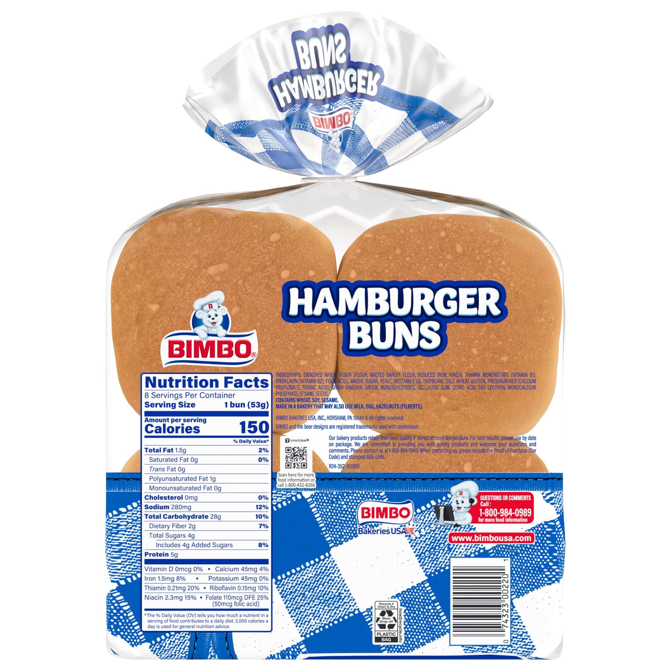 Bimbo Bimbollos Hamburger Buns, 8 count, White Hamburger Buns, 15 oz Bag