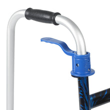 Walker release lever and black handle grips on blue aluminum frame