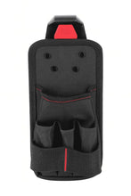 Compact tool pouch organizer front view, black with tool slots and red stitching
