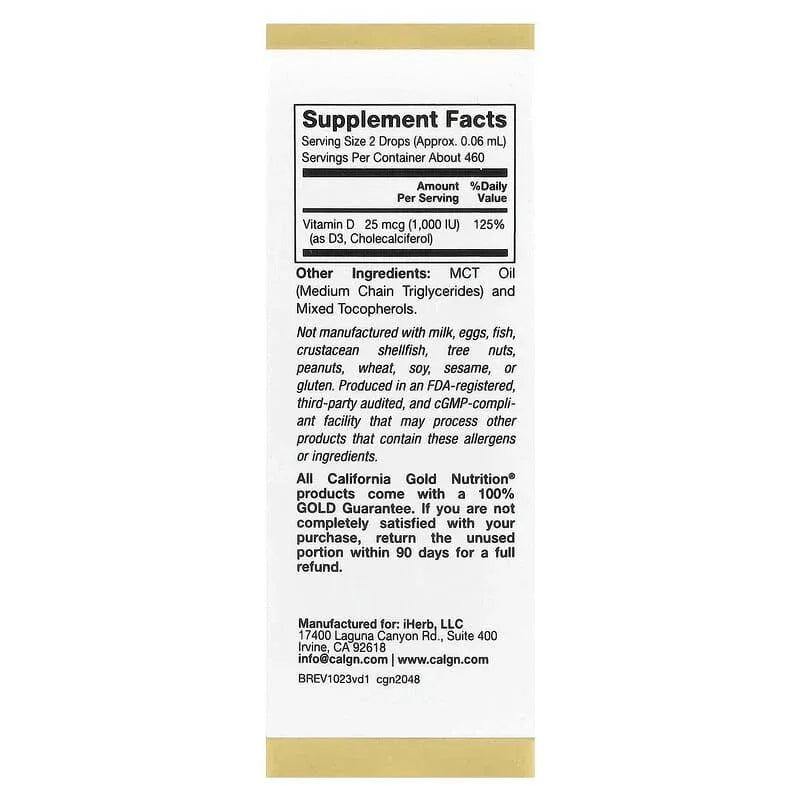 California Gold Nutrition, Vitamin D3, 25 mcg (1,000 IU), 1 fl oz (30 ml) - USA MEGA SHOP