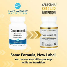 Curcumin 95 supplement bottle, same formula new label packaging transition graphic