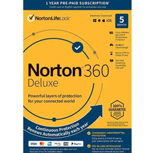 Norton 360 Deluxe 1-year subscription card for 5 devices, includes 100% guarantee