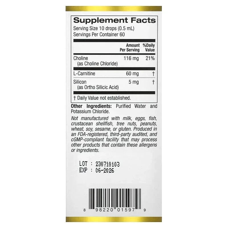 California Gold Nutrition, Choline Silica Complex, Bioavailable & Stabilized Silicon with Choline & L-Carnitine, 1 fl oz (30 ml)