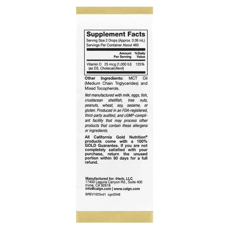 California Gold Nutrition, Vitamin D3, 25 mcg (1,000 IU), 1 fl oz (30 ml)