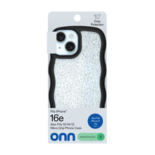 Phone case in retail packaging with black frame and speckled glitter back