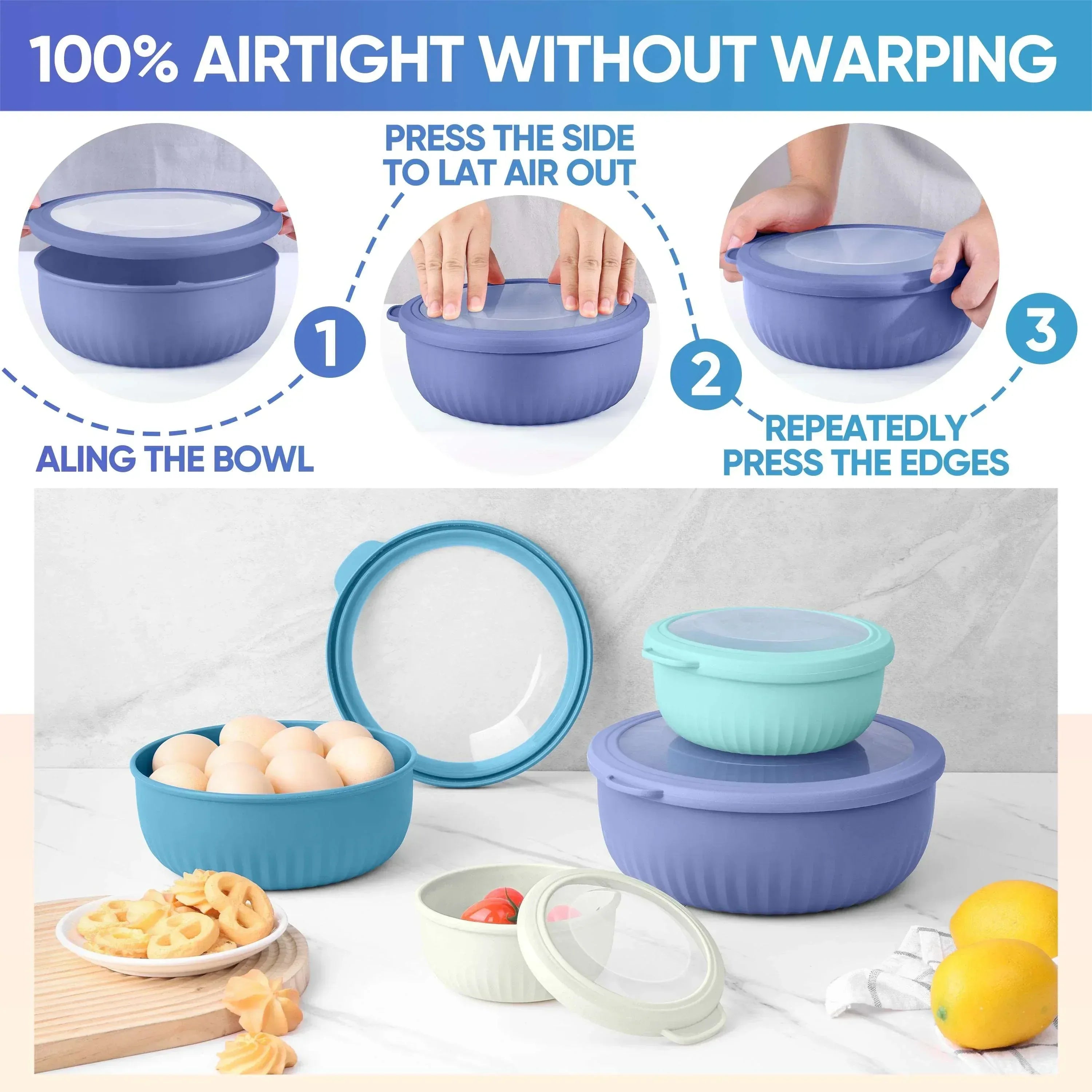 Vesteel 8Pcs Mixing Bowl Set with Lids, Nesting Plastic Bowls for for Mixing Serving Preparing Storage, Kitchen Prep Bowls, Dishwasher Safe, Blue