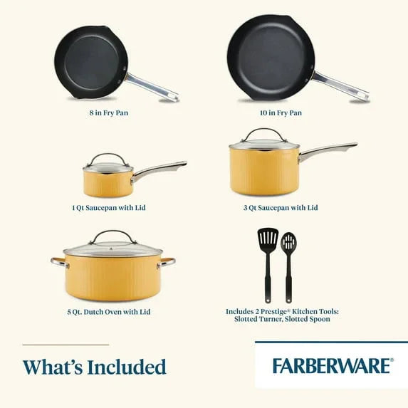 Farberware Style 10 Pcs Nonstick Cookware Set with Cooking Tools, Dishwasher Safe and Oven Safe to 500°F, Yellow
