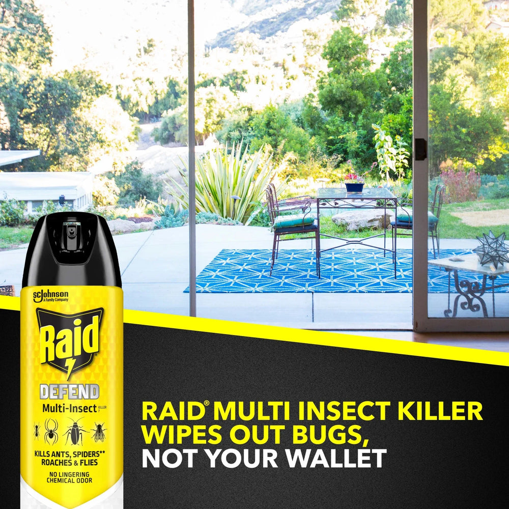 Raid Defense System Indoor and Outdoor Ants, Roaches, Spiders and Flies Insect Killer Bug Spray, 15 oz - USA MEGA SHOP