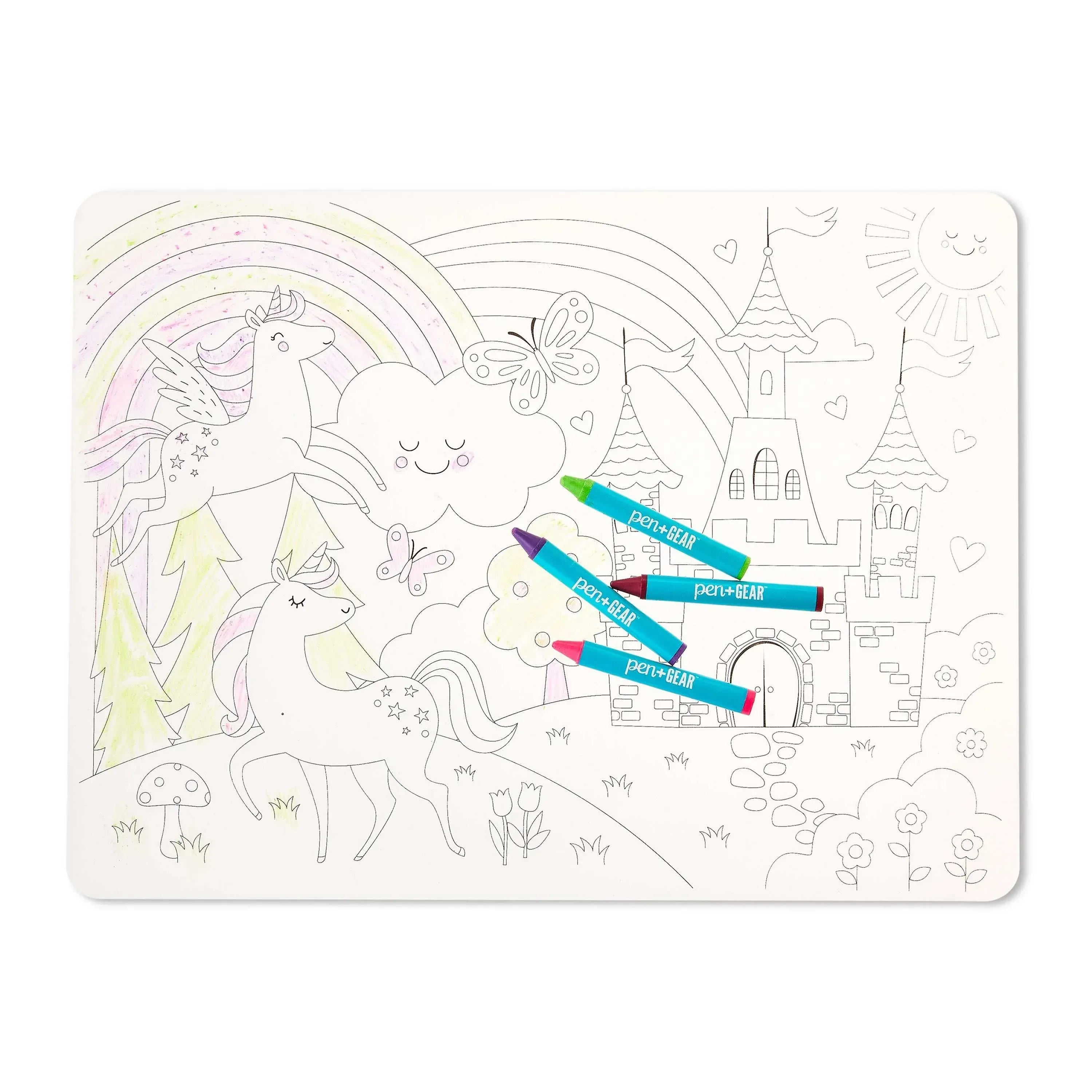 Pen+Gear Washable Fairytale Coloring Placemat Kit with 4 Crayons, Black and White - USA MEGA SHOP