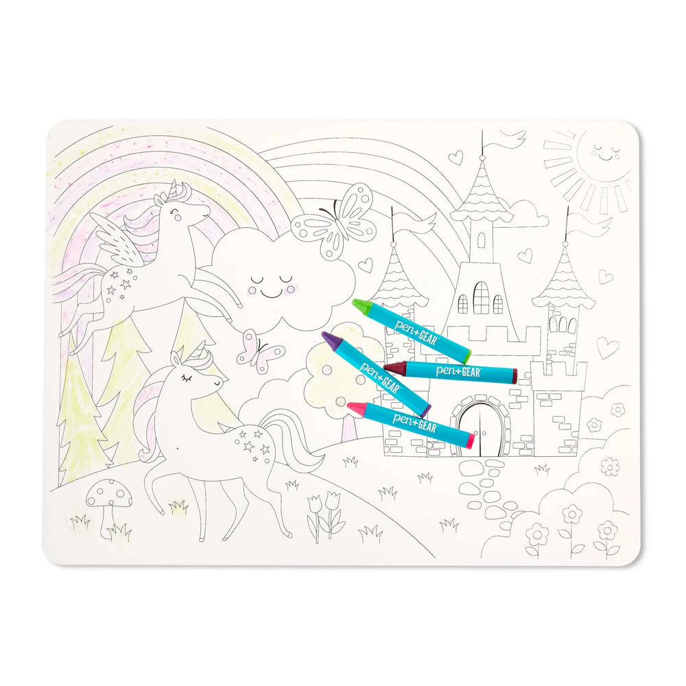 Pen+Gear Washable Fairytale Coloring Placemat Kit with 4 Crayons, Black and White - USA MEGA SHOP