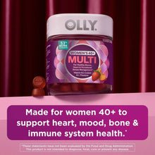 Gummy supplement bottle with purple banner for heart, mood, bone & immune health.