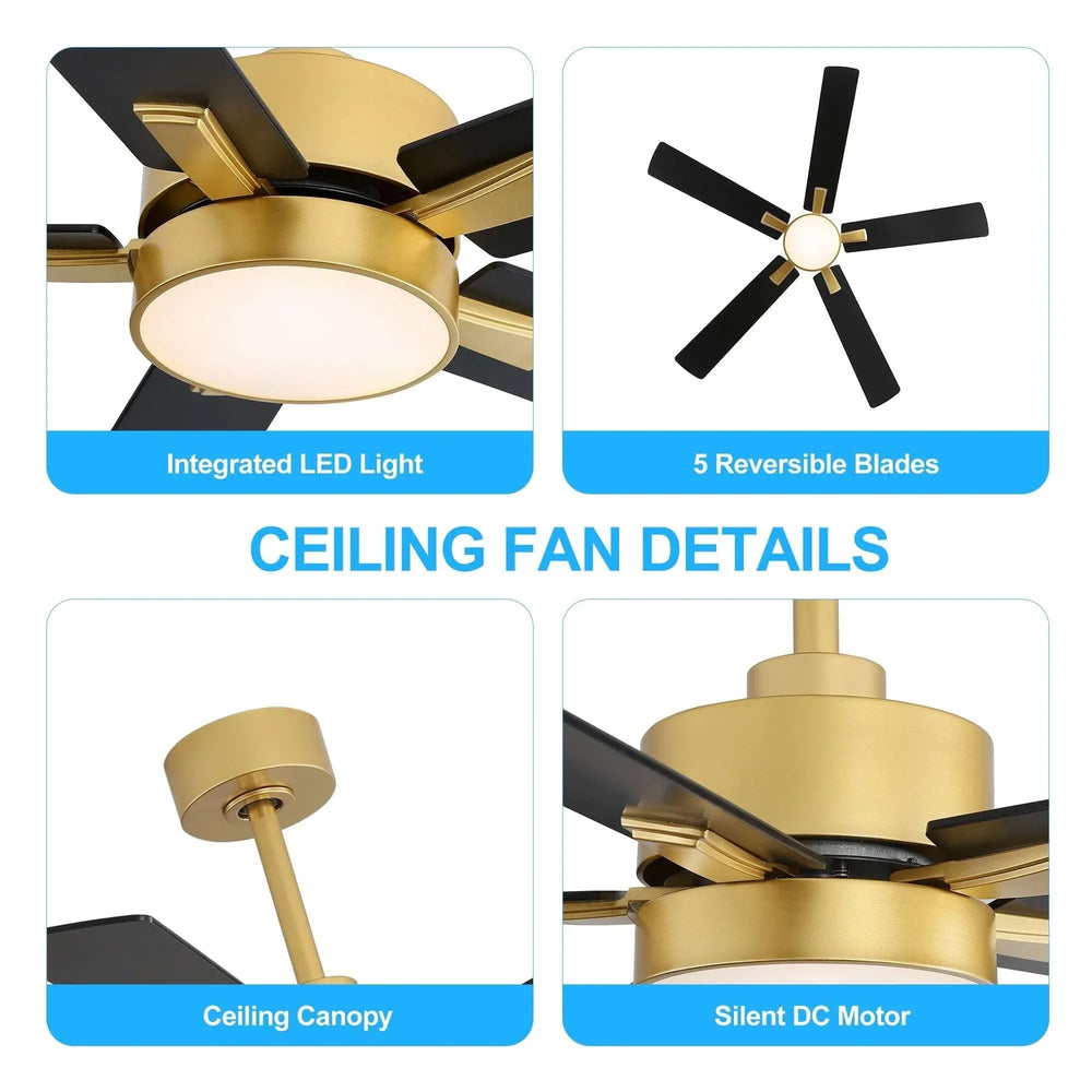 ALKAFY 52 inch Gold & Black LED Ceiling Fan with Remote - Adjustable Reversible Motor for Bedroom Living Room - USA MEGA SHOP