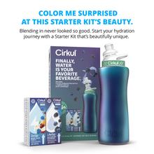 Iridescent teal stainless steel bottle with starter kit box and two flavor cartridge boxes