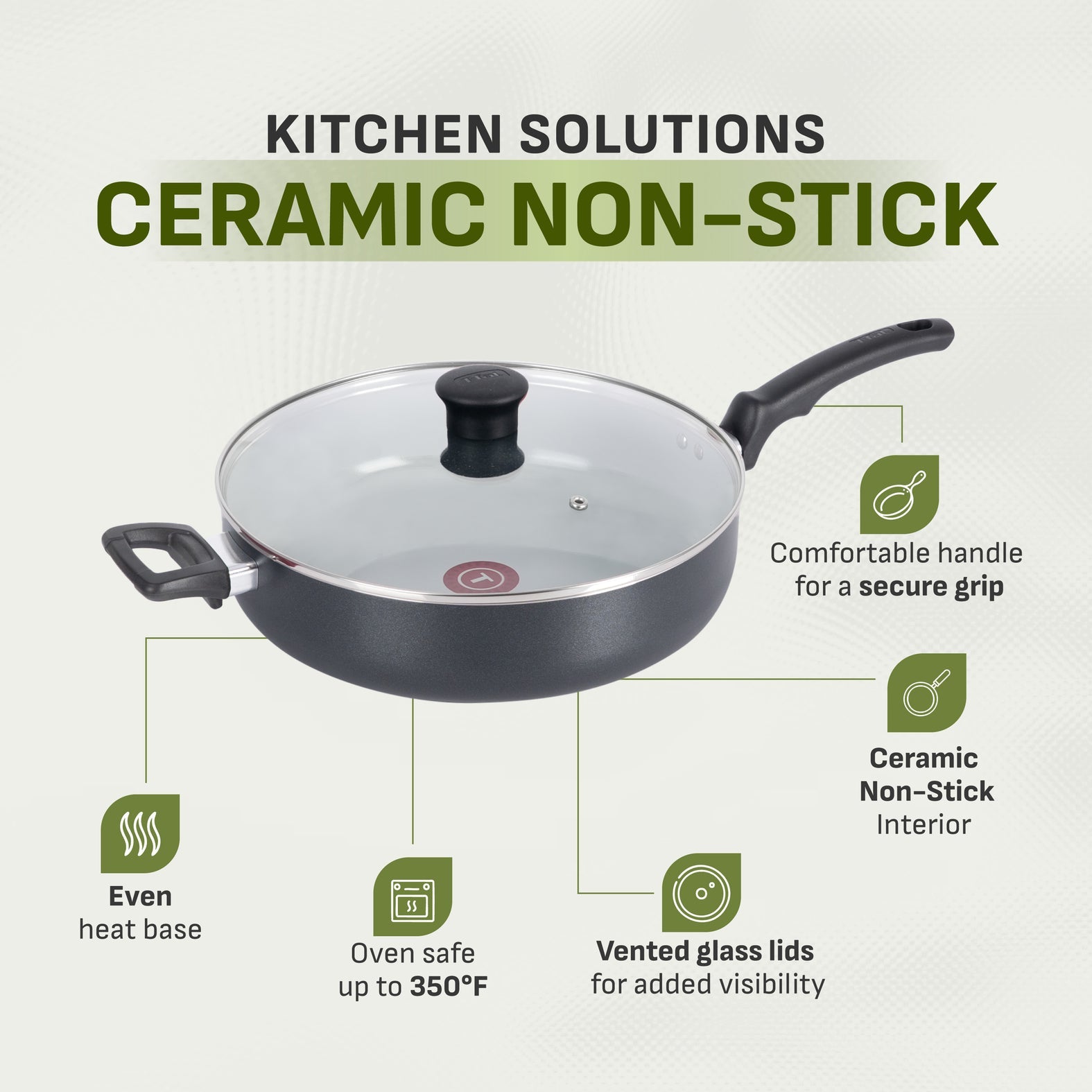 T-Fal Kitchen Solutions Black 5 Quarts Ceramic Non-Stick Jumbo Cooker Saut√© Pan with Lid & Helper Handle